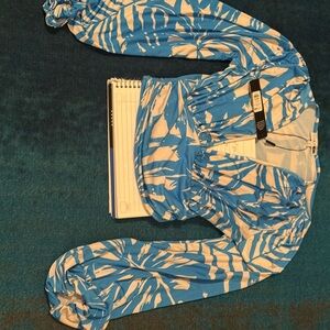 Fashion crop blouse blue and white , xsmall silk